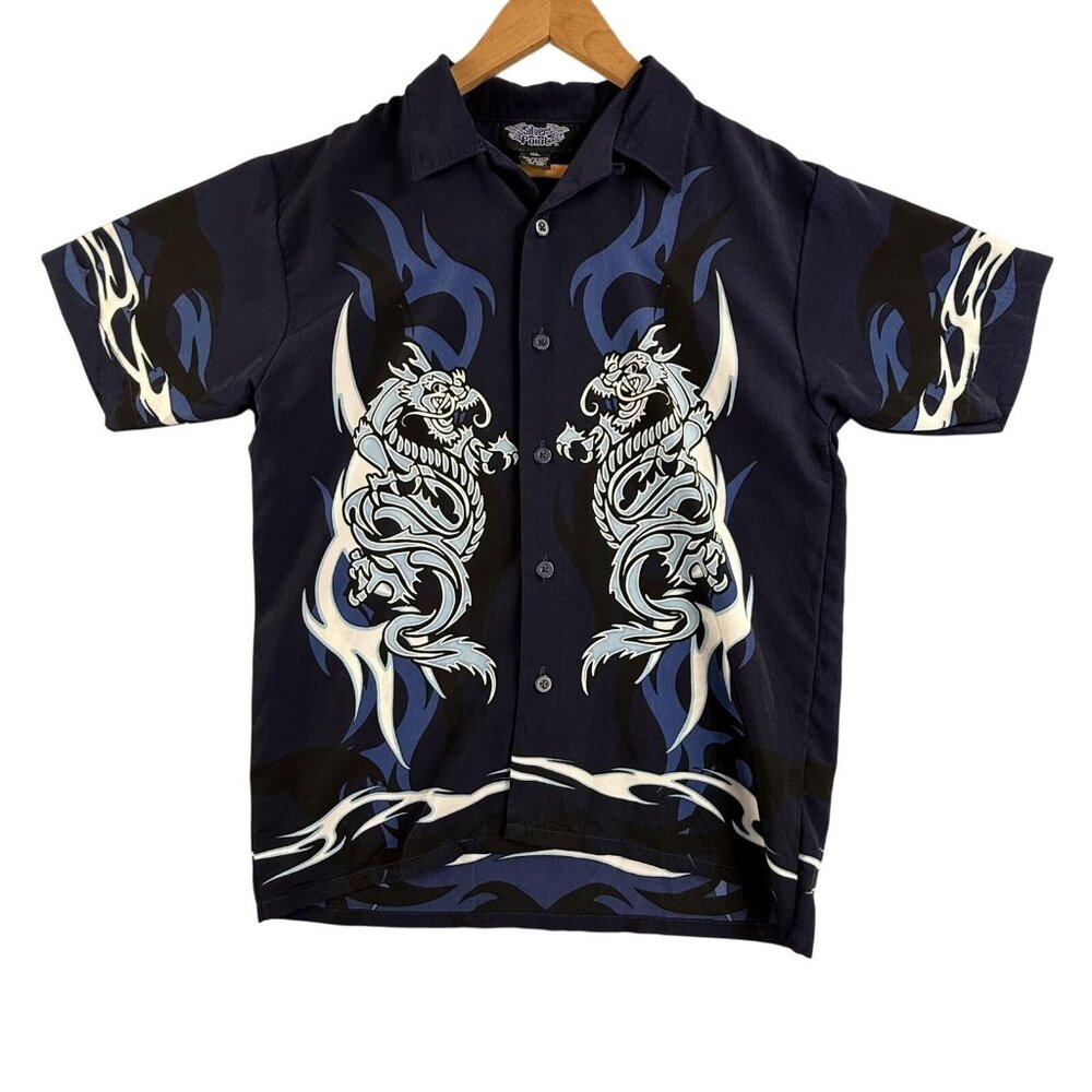 Vintage Silver Point Shirt Mens XL Blue Dragon Tribal Button Up Short Sleeve Y2K